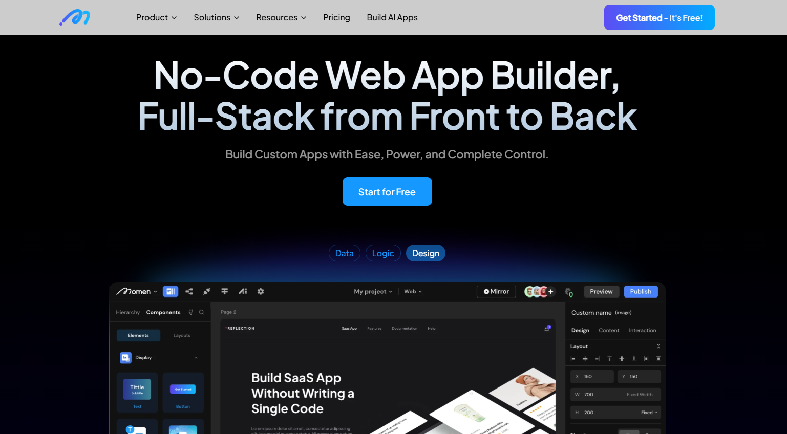 Momen’s homepage has a slogan: ‘No-Code Web App Builder, FUll-Stack from From to Back’.