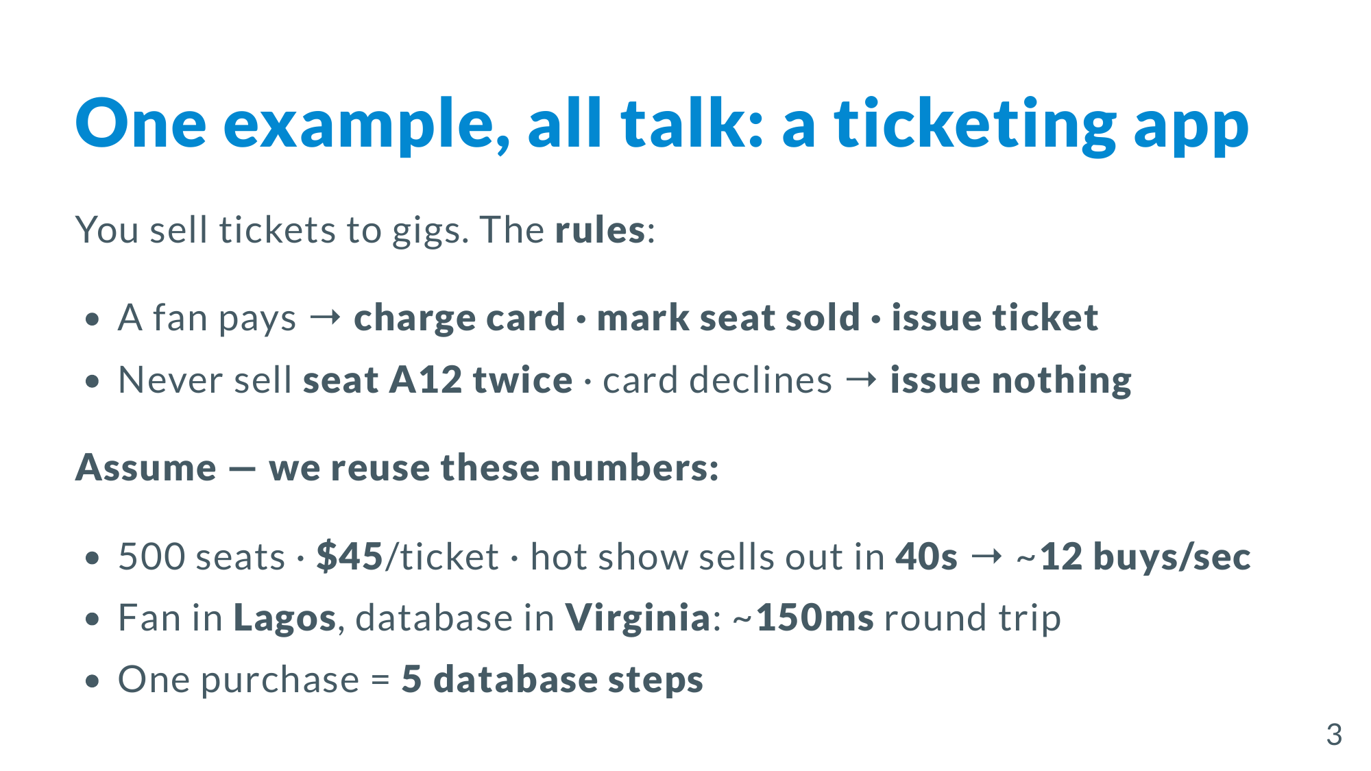The ticketing scenario: fan in Lagos, database in Virginia, 5 steps, 150ms round trip