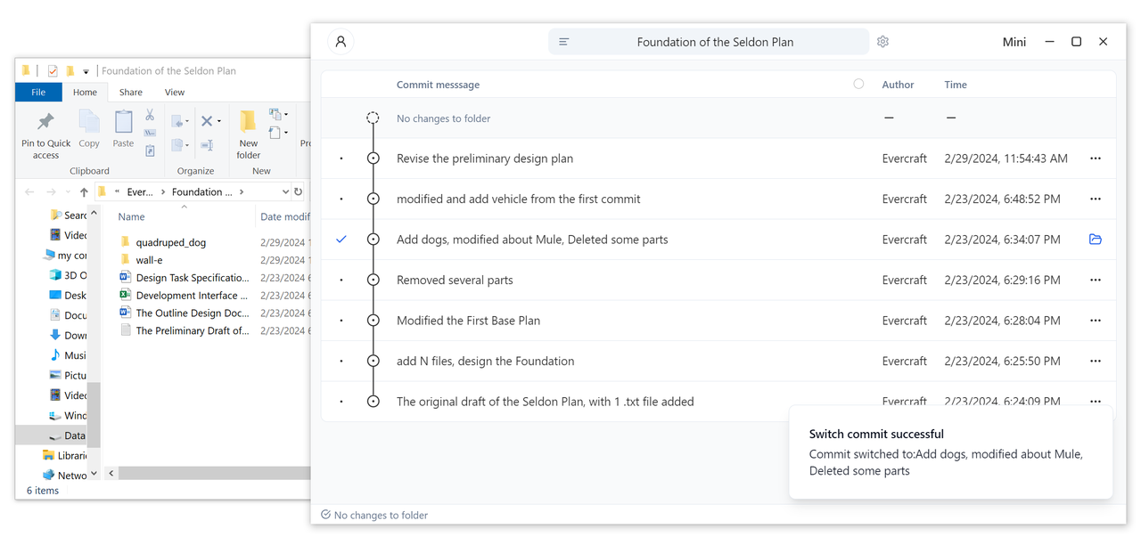 After switching: The folder is restored to the state stored by the commit "Add dogs..."