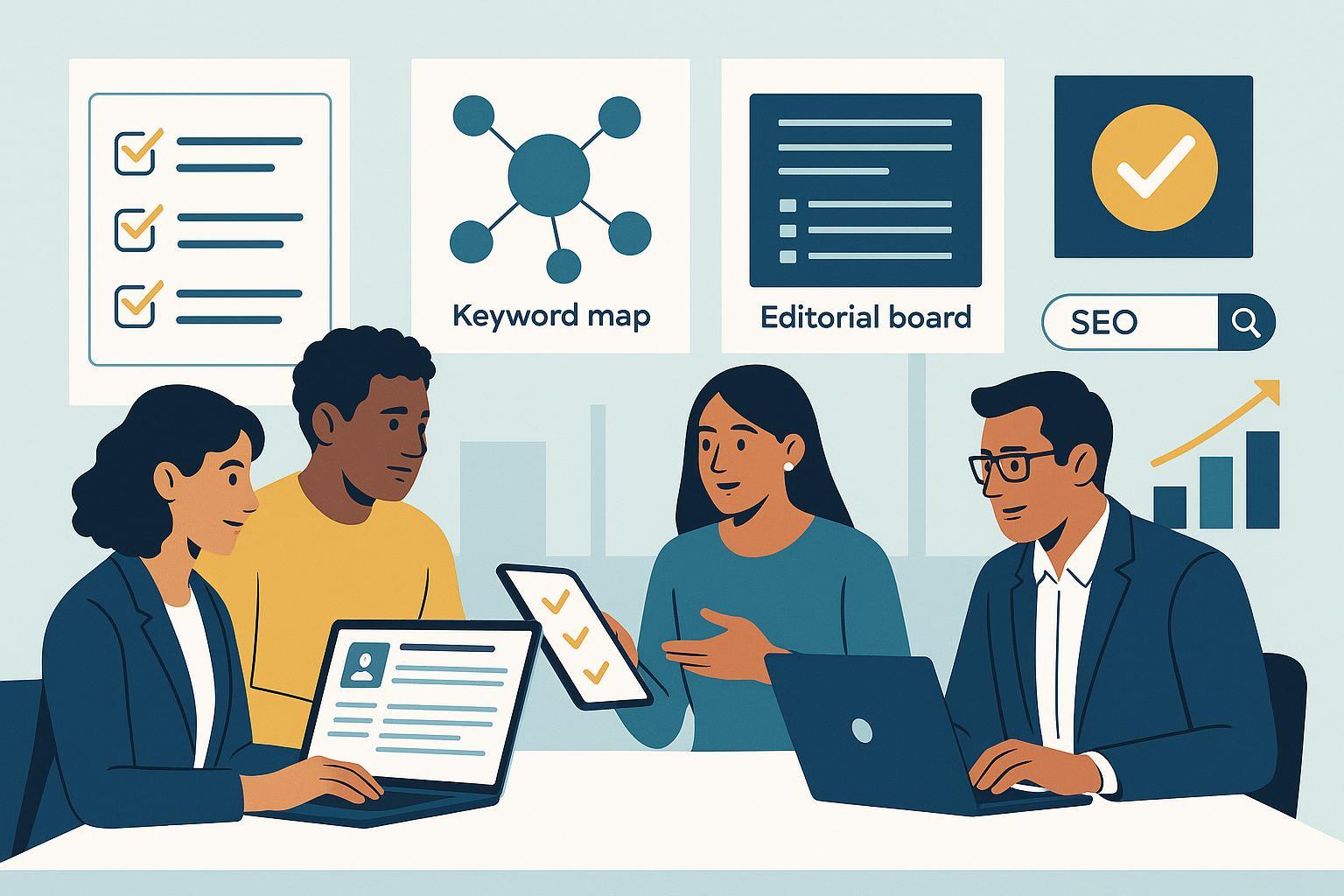 Team collaborating over SEO content briefs in a professional workspace, with digital checklists, keyword maps, and modern editorial elements.