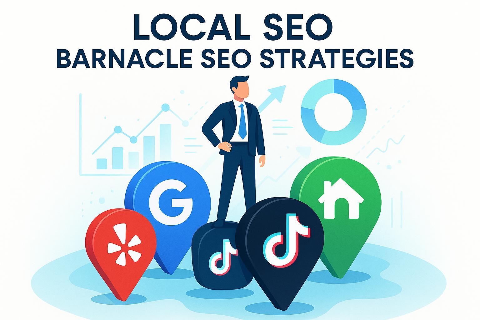 Barnacle SEO Local Business Guide cover: map pins, directory icons (Yelp, Google, TikTok, Nextdoor), business icon, infographic overlays.