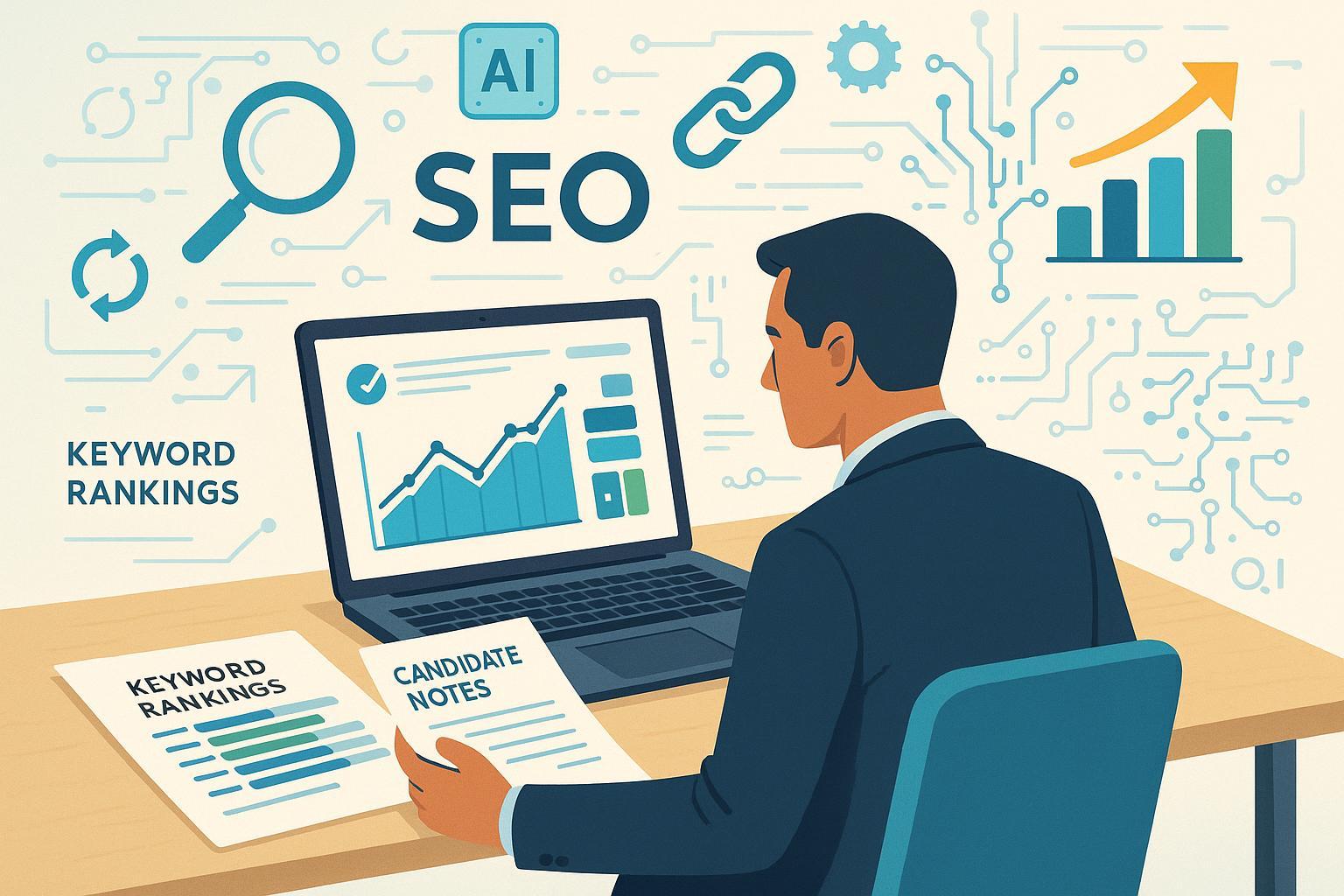 Cover image for Essential SEO Interview Questions—interviewer at desk with SEO charts and graphs, digital marketing icons, and a modern workspace.