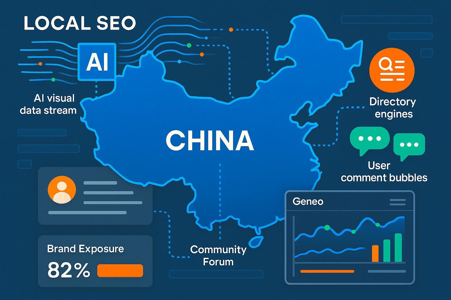 中国本地SEO与AI品牌引用优化主题封面，展现数字地图、数据流、社区互动与Geneo工具场景。