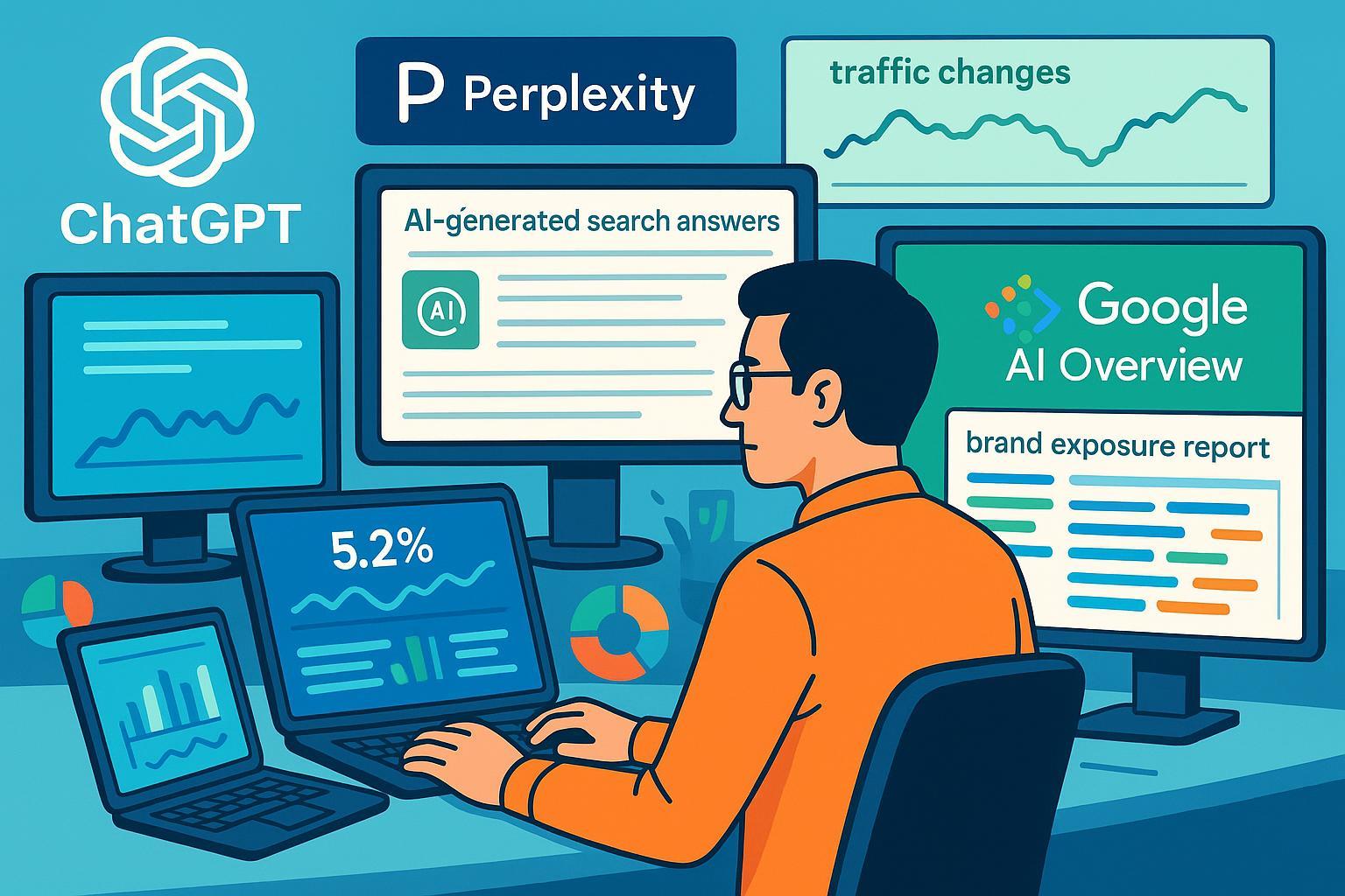 AI生成答案影响网站流量及品牌可见性的数字营销可视化场景