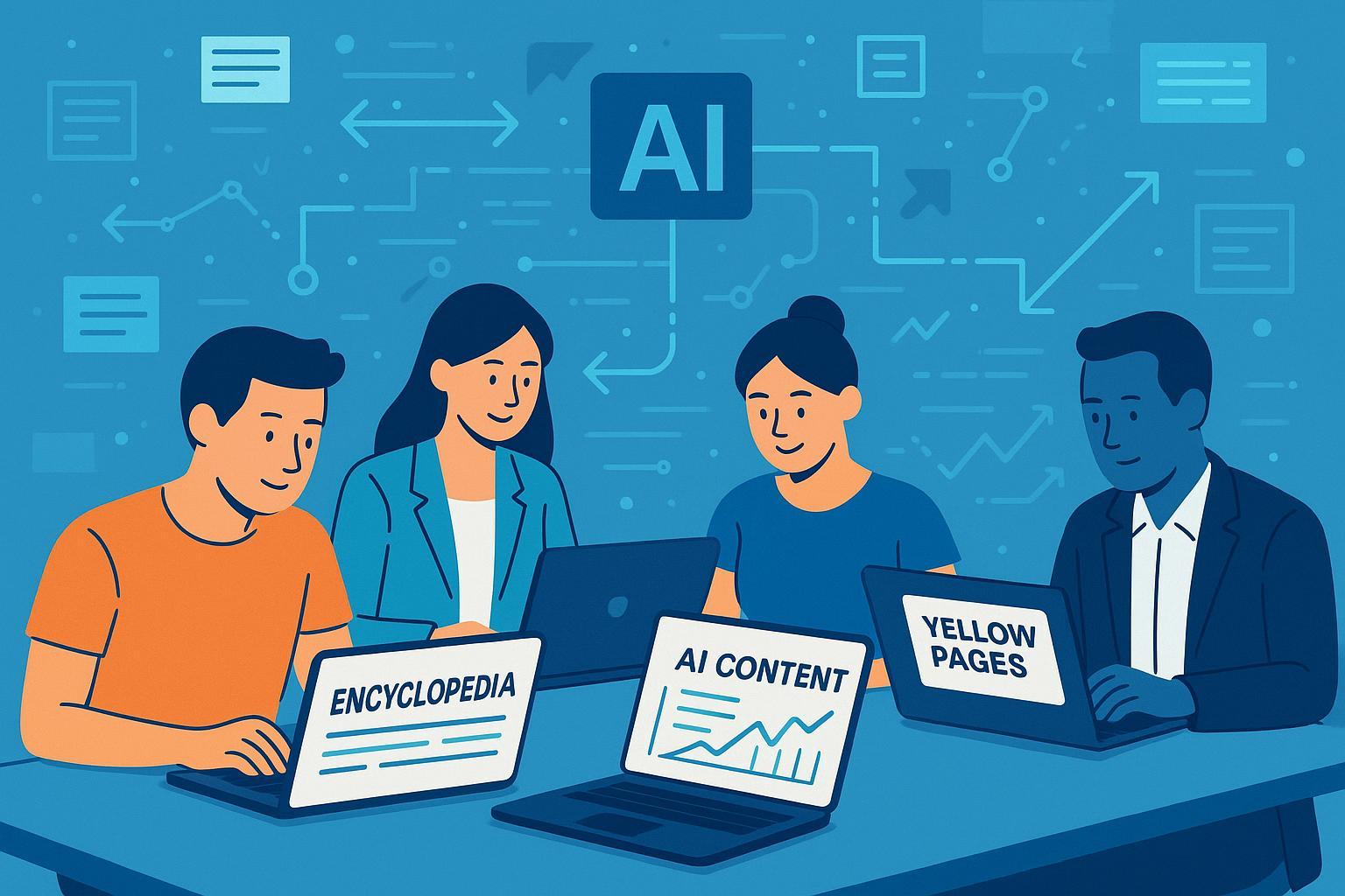 AI模型引用优化指南封面图，展示品牌信息在权威目录网站被系统更新和AI引用过程，含趋势图表与操作界面。