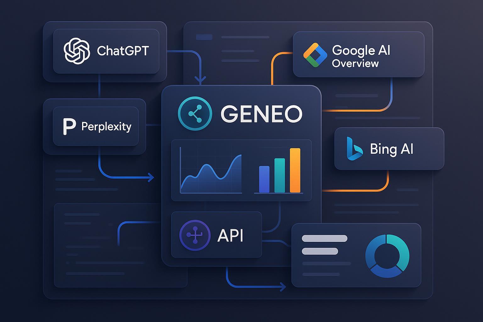 跨平台AI搜索仪表盘整合界面，中心突出Geneo，涵盖多平台API与可视化图表