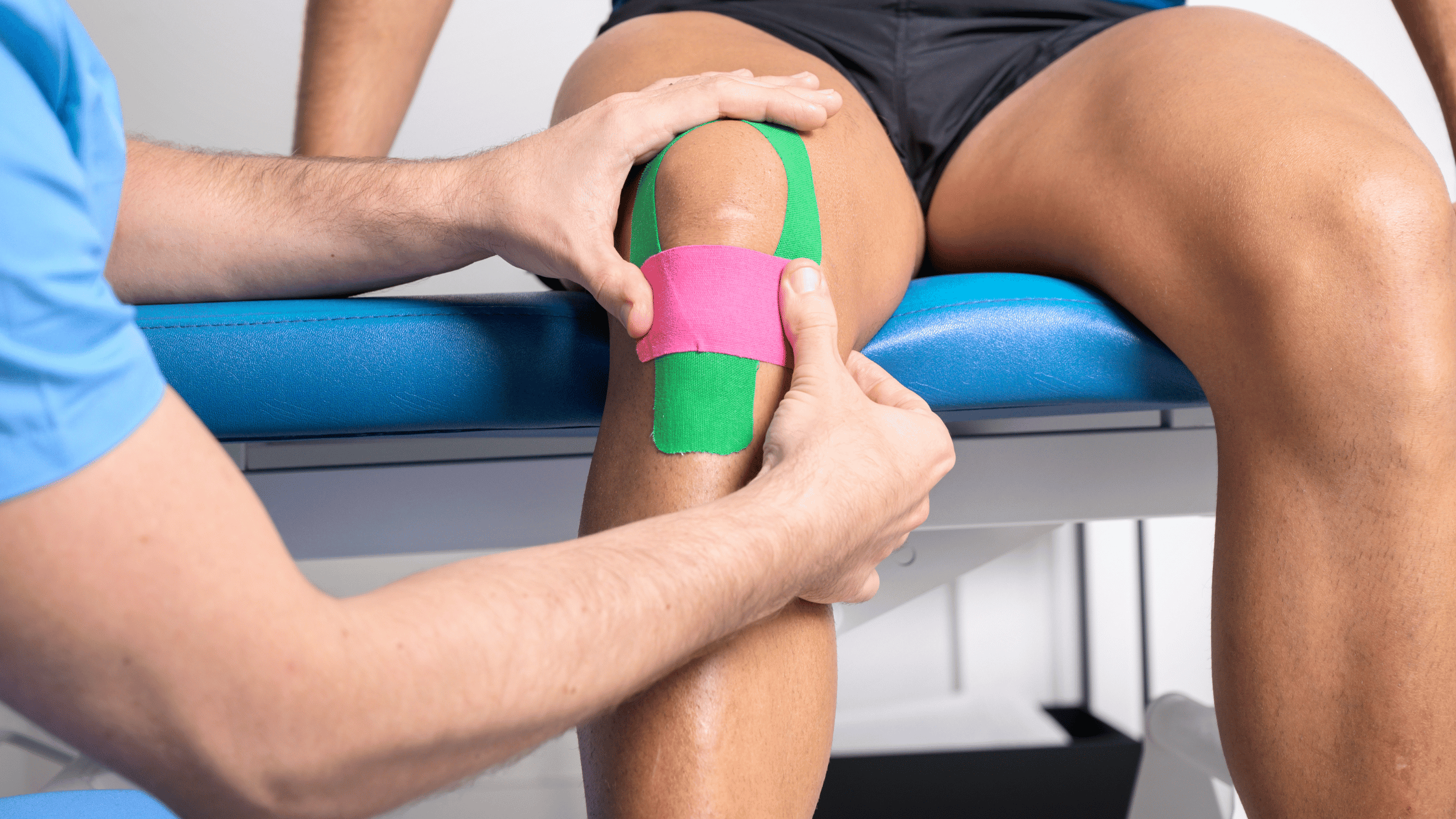 Sports physical therapist helping patient with knee injury