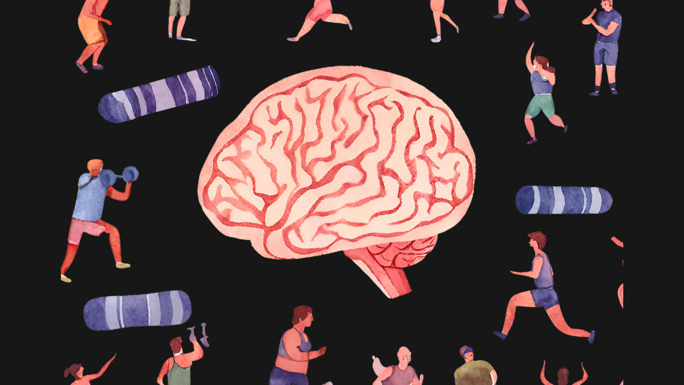 illustration of brain and athletes exercising around it with a black background