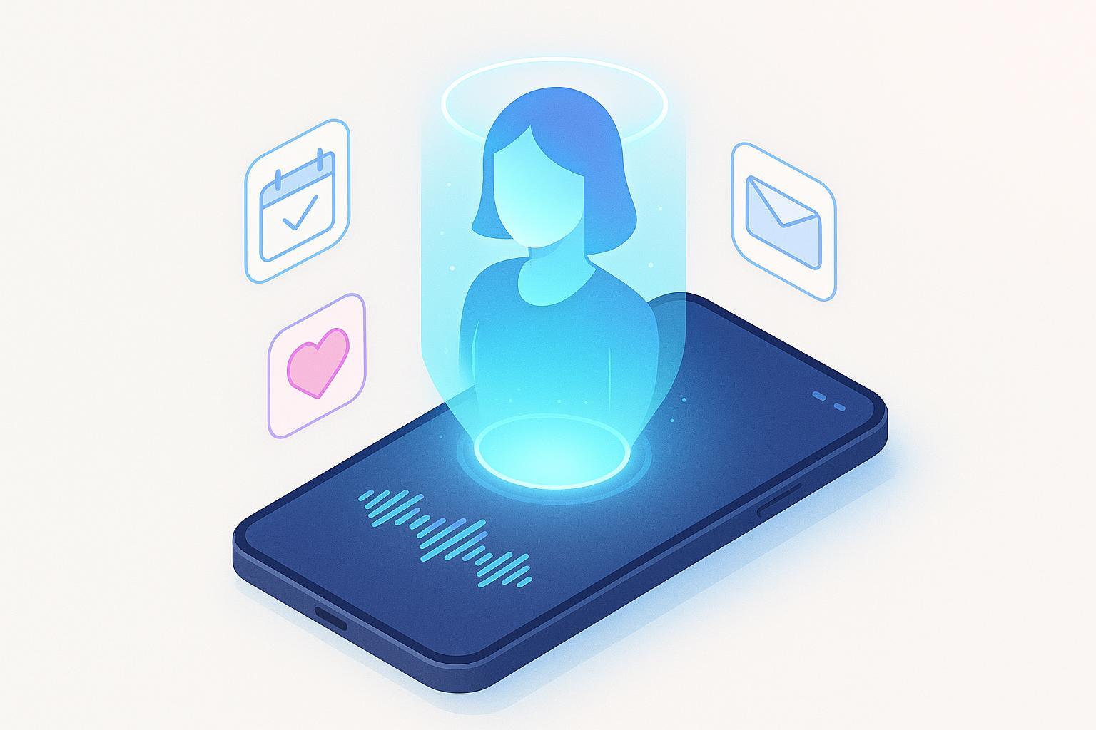 パーソナルAIアシスタントのイメージ：スマートフォン上に浮かぶホログラムAIと日常のアプリ連携を象徴する未来的なビジュアル