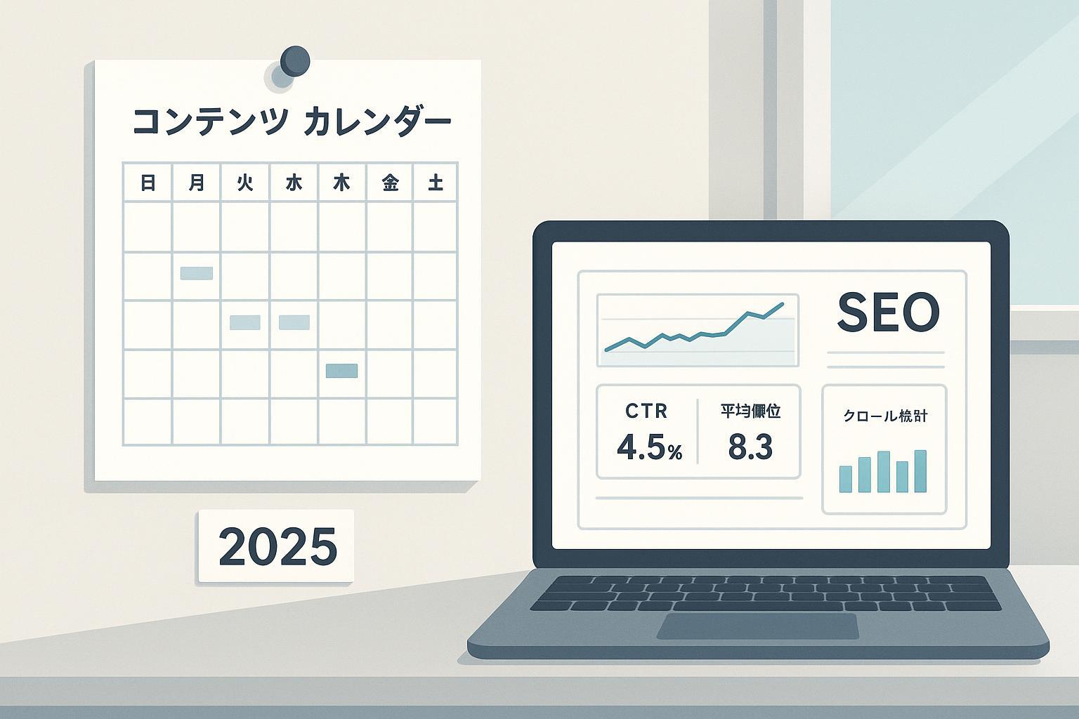 2025年の継続的なコンテンツ更新とSEOを象徴するコンテンツカレンダーとSEOダッシュボードの表紙画像