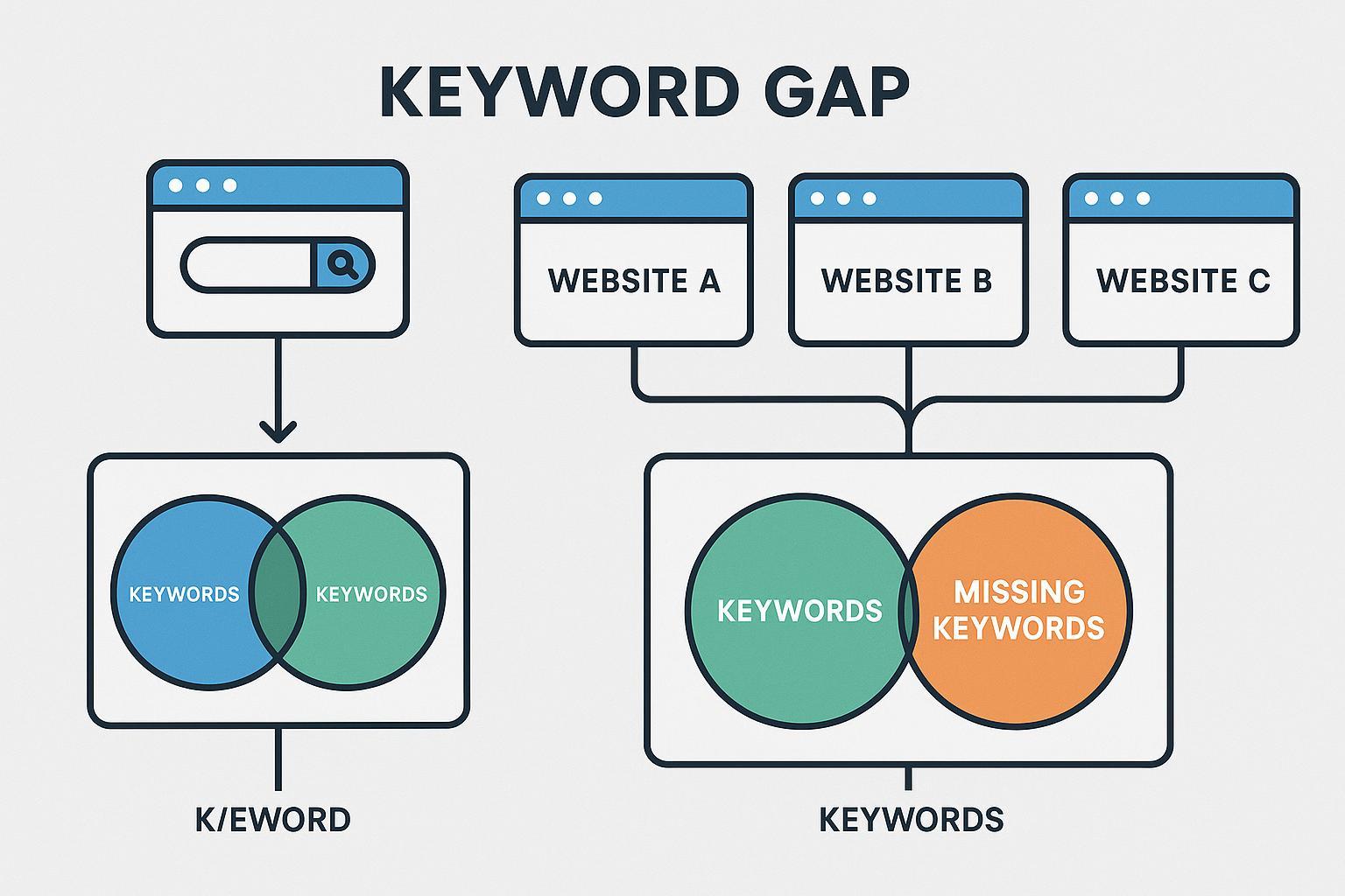キーワードギャップ分析のイメージ図（SEO競合と未獲得キーワード）