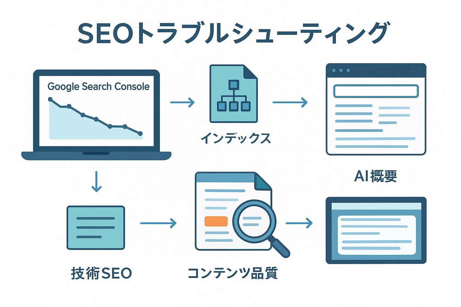 新規サイトのキーワード減少を診断するSEOフローカバー（Search
