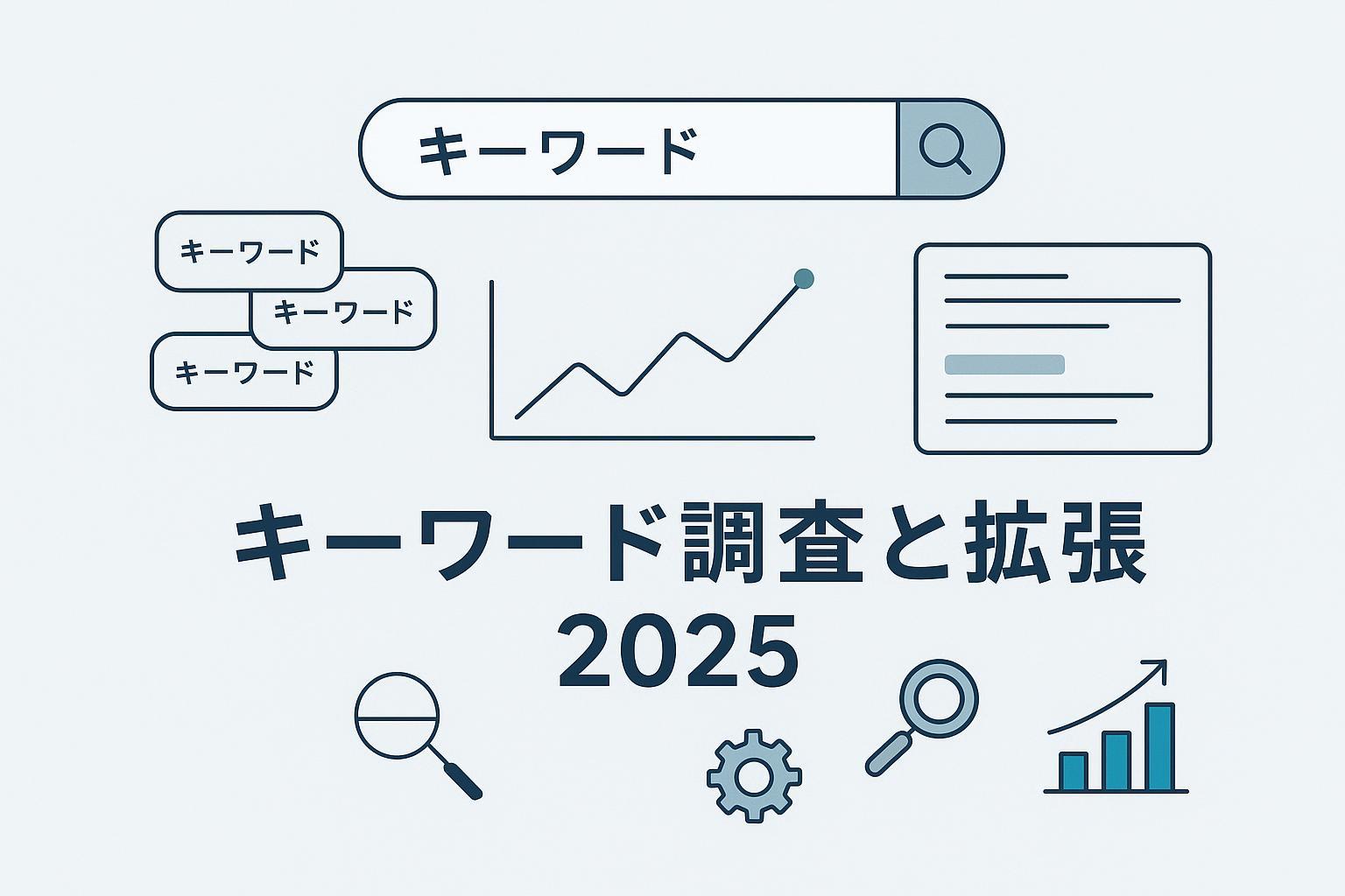 2025年のキーワードリサーチを象徴する検索バーとキーワードクラスタ、SERP分析グラフのイラスト