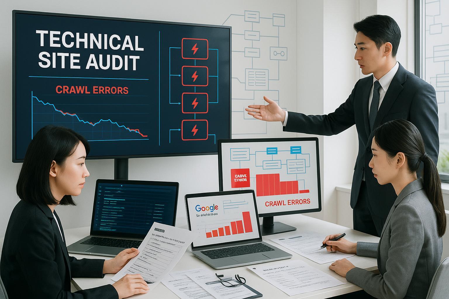 日本語SEOクロール障害診断ベストプラクティス記事のカバー画像：オフィス内で技術者がエラー分析とフローチャート確認