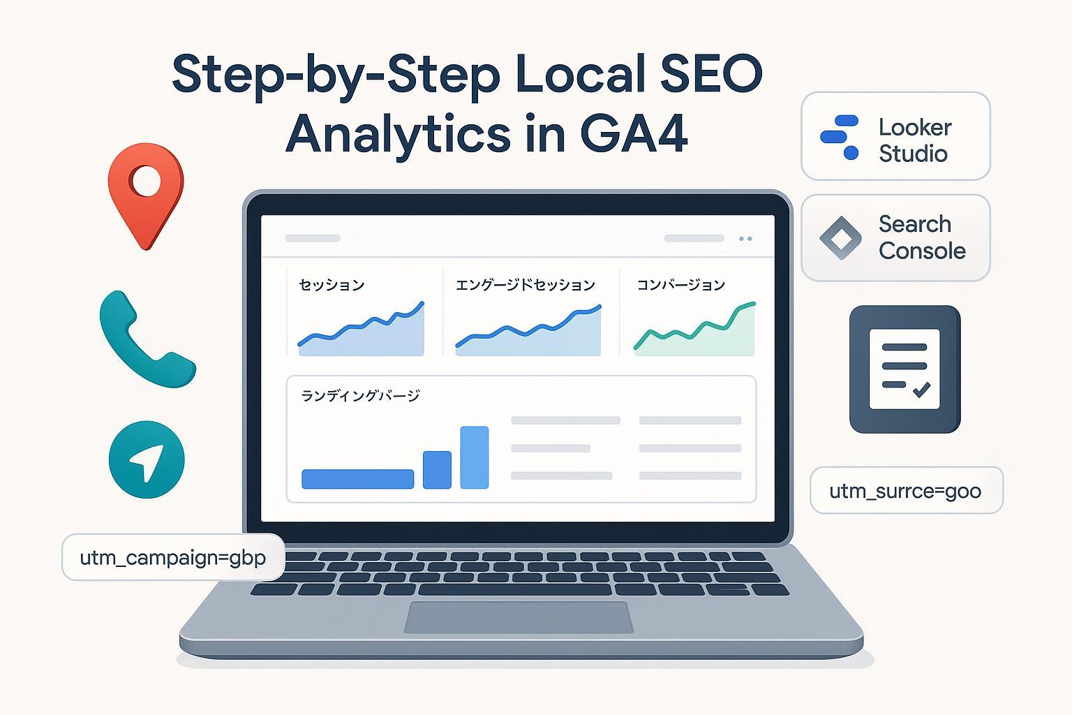 GA4を使ったローカルSEO計測（電話・ルート案内・予約）を示すダッシュボードと地図ピンのカバー画像