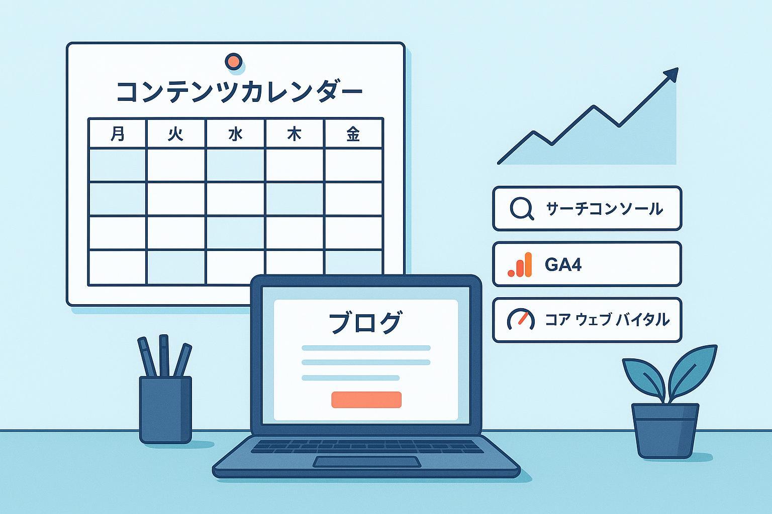 新規サイトの公開頻度とSEO影響を示す週次コンテンツカレンダーのカバーイメージ