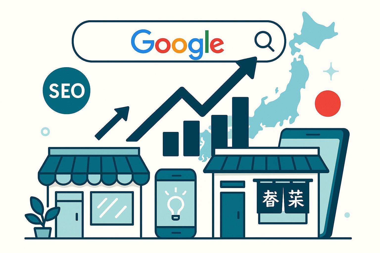 日本の中小企業向けSEO成功ガイドのためのビジネス成長インフォグラフィック風カバー画像