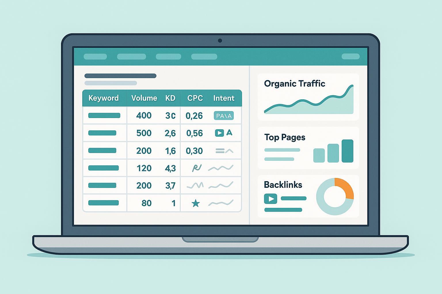 Semrushを使ったキーワード調査と競合分析のワークフローを示すダッシュボード風イラスト
