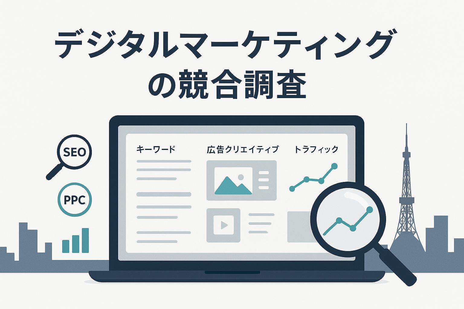 競合のキーワード・広告用語・トラフィックを分析する実践ガイドのカバー画像（ラップトップ、チャート、東京の街並みシルエット）