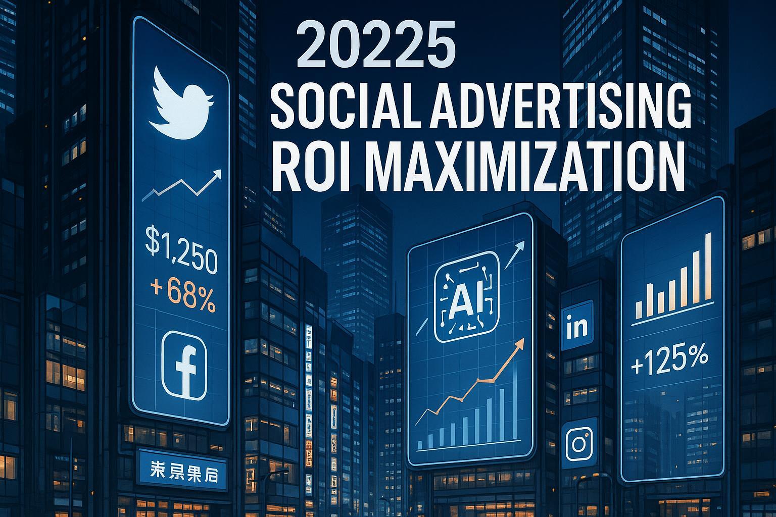 2025年の日本B2B市場におけるソーシャル広告ROI最大化を象徴するハイテク都市ビジュアル