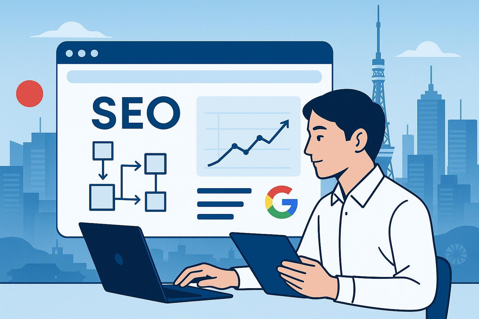 SEOプロがアウトバウンドリンク戦略を解析し、東京の都市景観とウェブグラフが融合した2024年最新SEOガイドのイメージ
