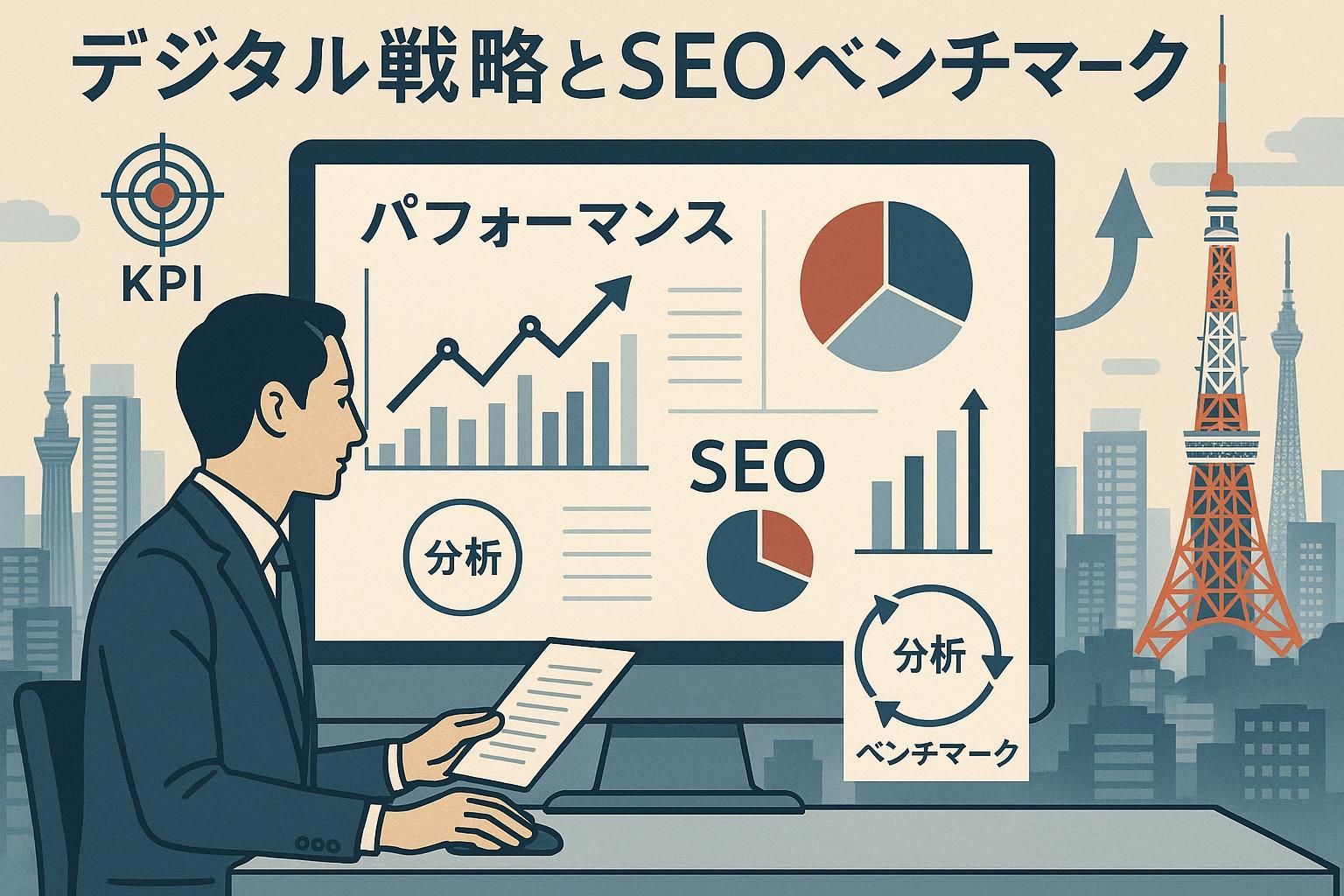 SEOベンチマーキングと長期デジタル戦略を象徴する日本企業の経営者がデータ分析を行うイラスト