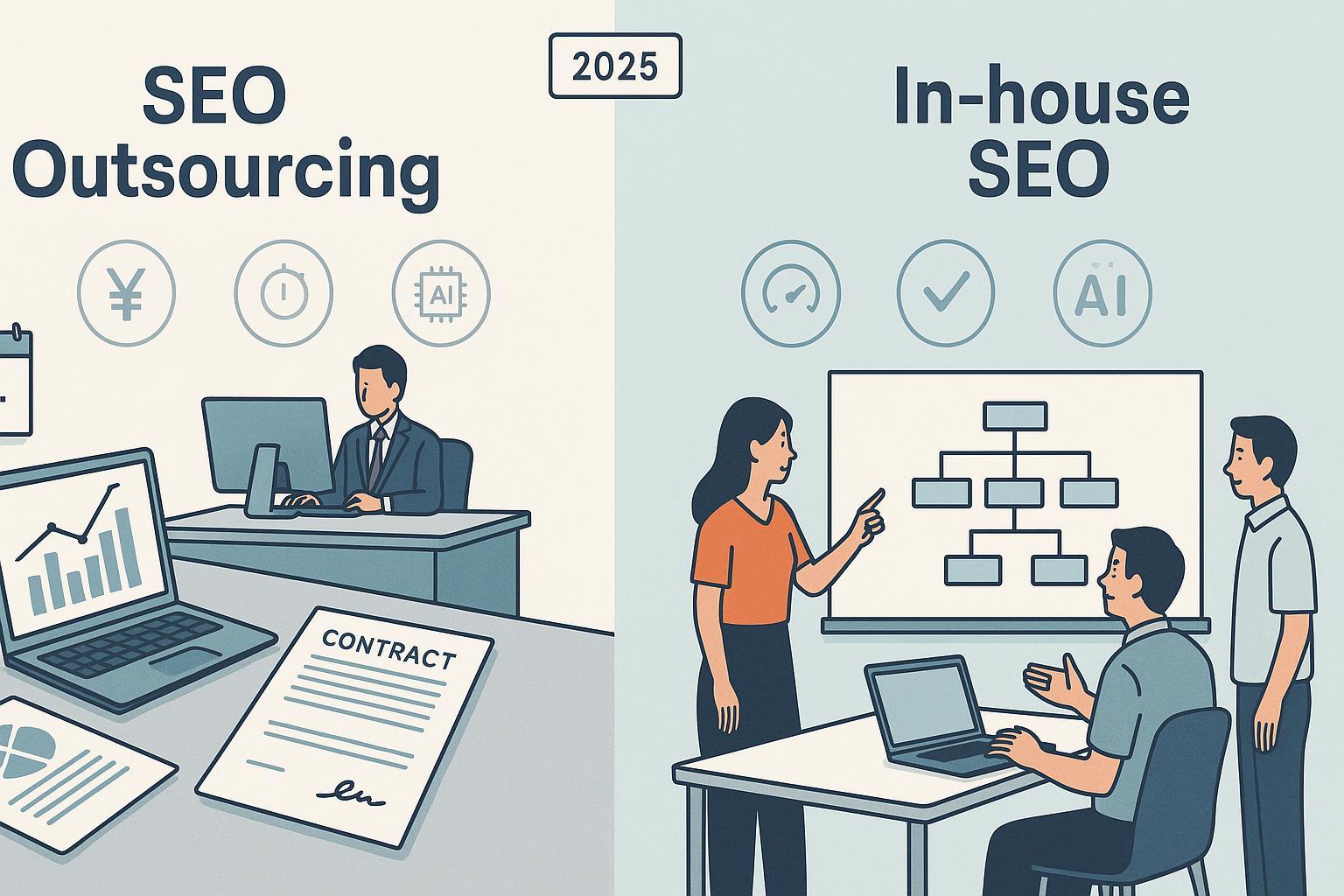 SEOアウトソーシングとインハウスの比較（2025年、日本企業向け）を表す分割イラスト