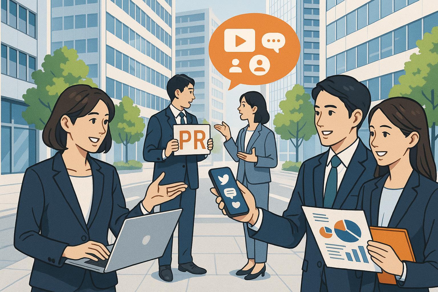 PRエージェンシーの役割を象徴する日本のビジネスシーンとデジタルツール