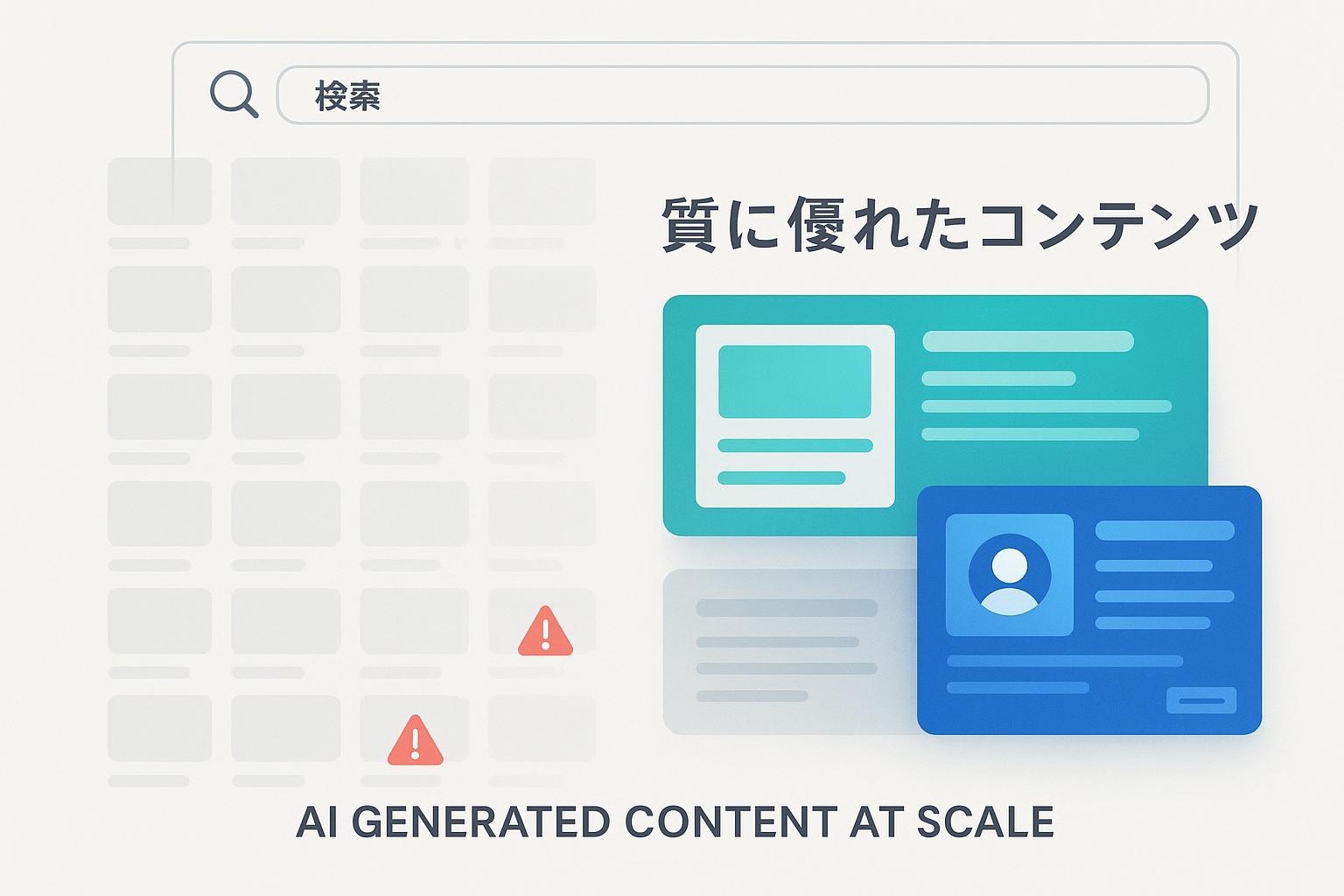 AI生成コンテンツの量産と品質重視の対比を描いたブログカバー画像