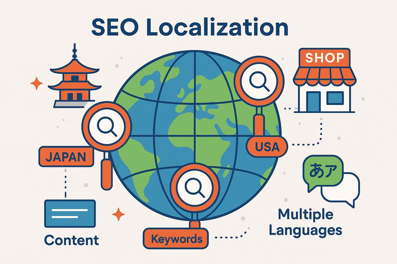 SEOローカライゼーションを象徴する多言語地球と文化的要素のイラスト