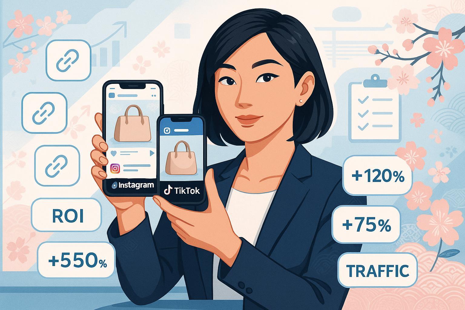 インフルエンサーパートナーシップによるECリンクビルディングのベストプラクティスを象徴する日本市場向けブログカバー画像