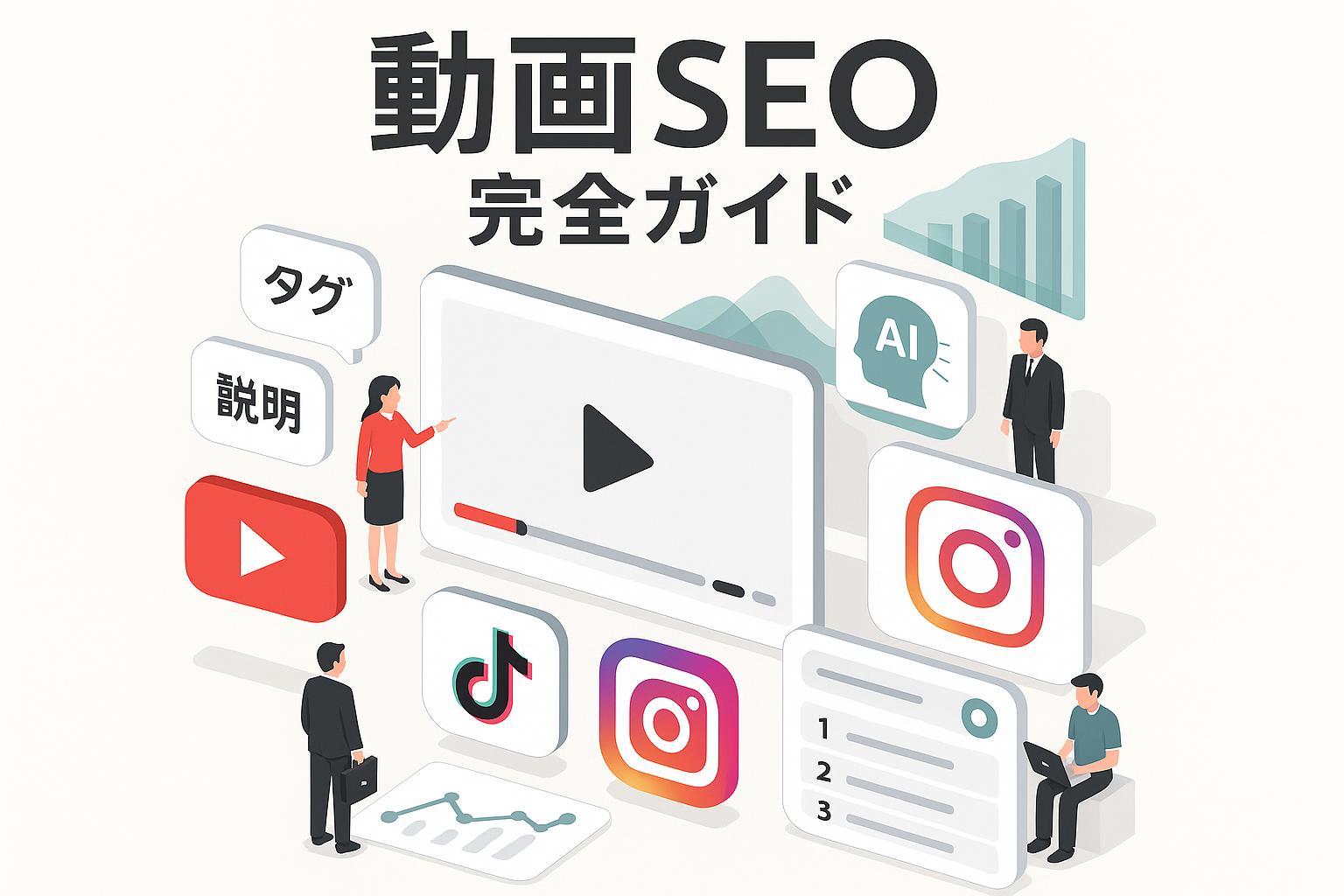 日本のビデオSEO完全ガイドのカバー画像：動画画面を中心に主要動画プラットフォームやAI、分析グラフ、現場の専門家が描かれた現代的なインフォグラフィック
