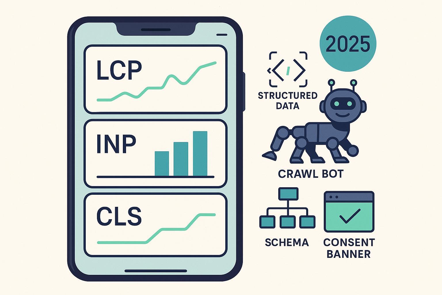 2025年版モバイルSEOチェックリストのカバー：スマホ画面にLCP/INP/CLS指標とSEOアイコン