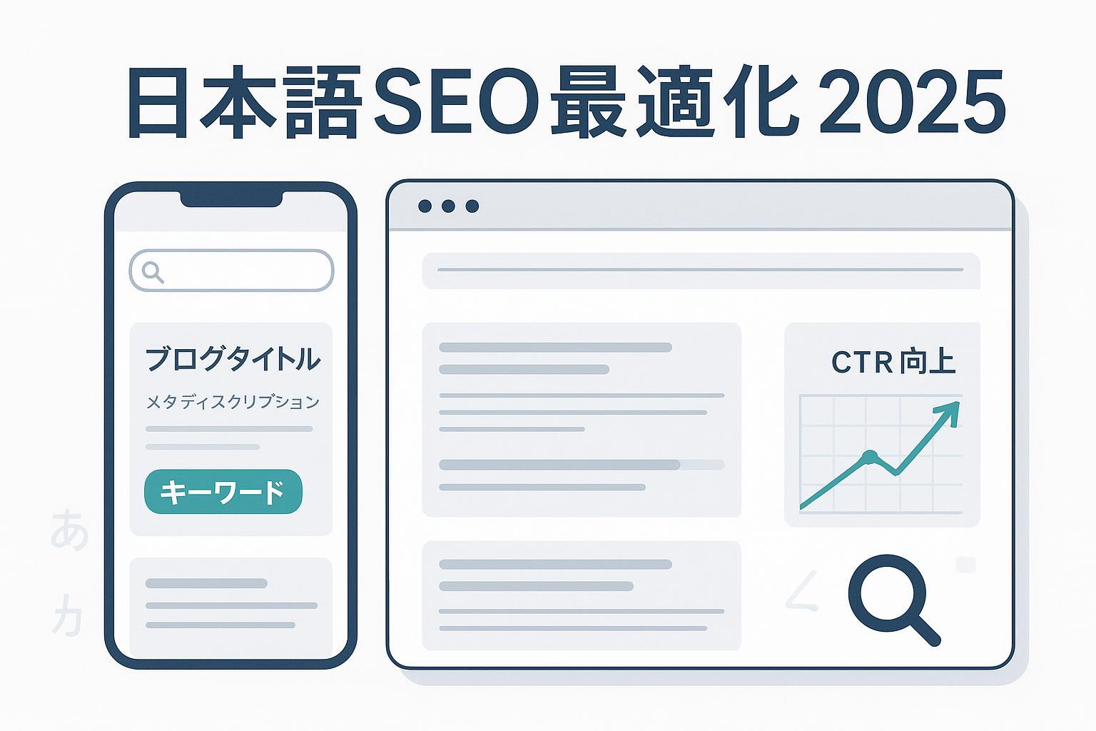2025年日本語SEOのタイトル・メタディスクリプション・キーワード最適化を表すモダンなSERPイラスト