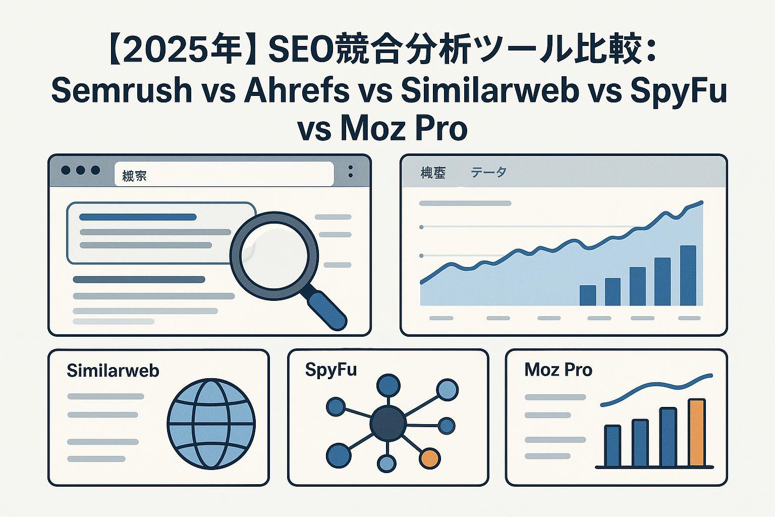 2025年版SEO競合分析ツール比較のカバー画像（Semrush・Ahrefs・Similarweb・SpyFu・Moz