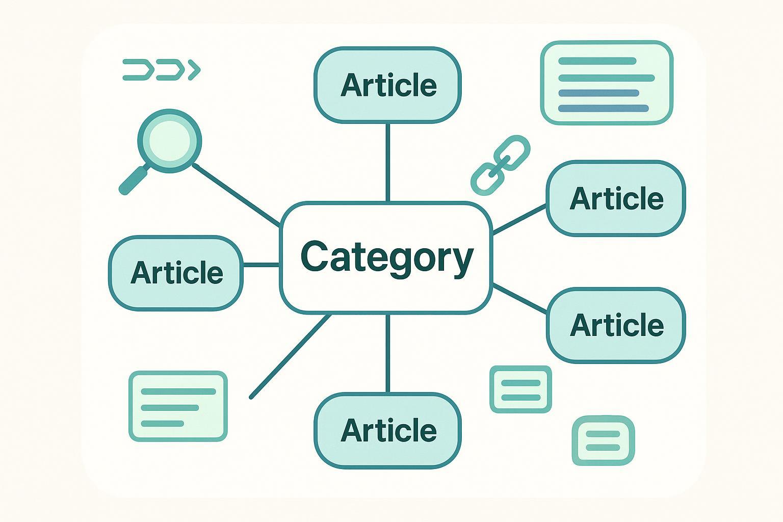 カテゴリキーワードとトピッククラスターを表すハブ＆スポーク構造のフラットイラスト
