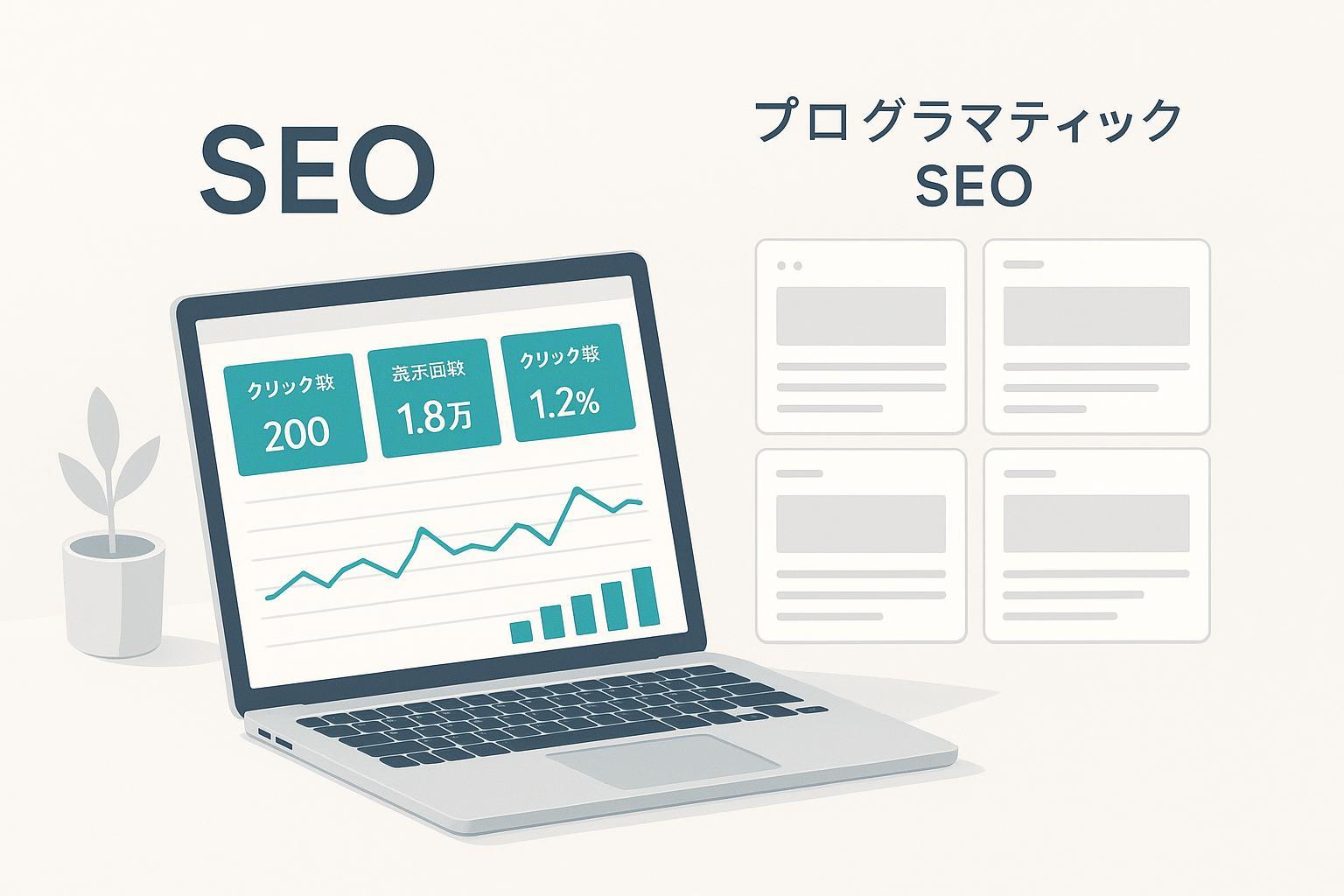 GSCの指標とpSEOのテンプレート生成を象徴するミニマルなヘッダー画像