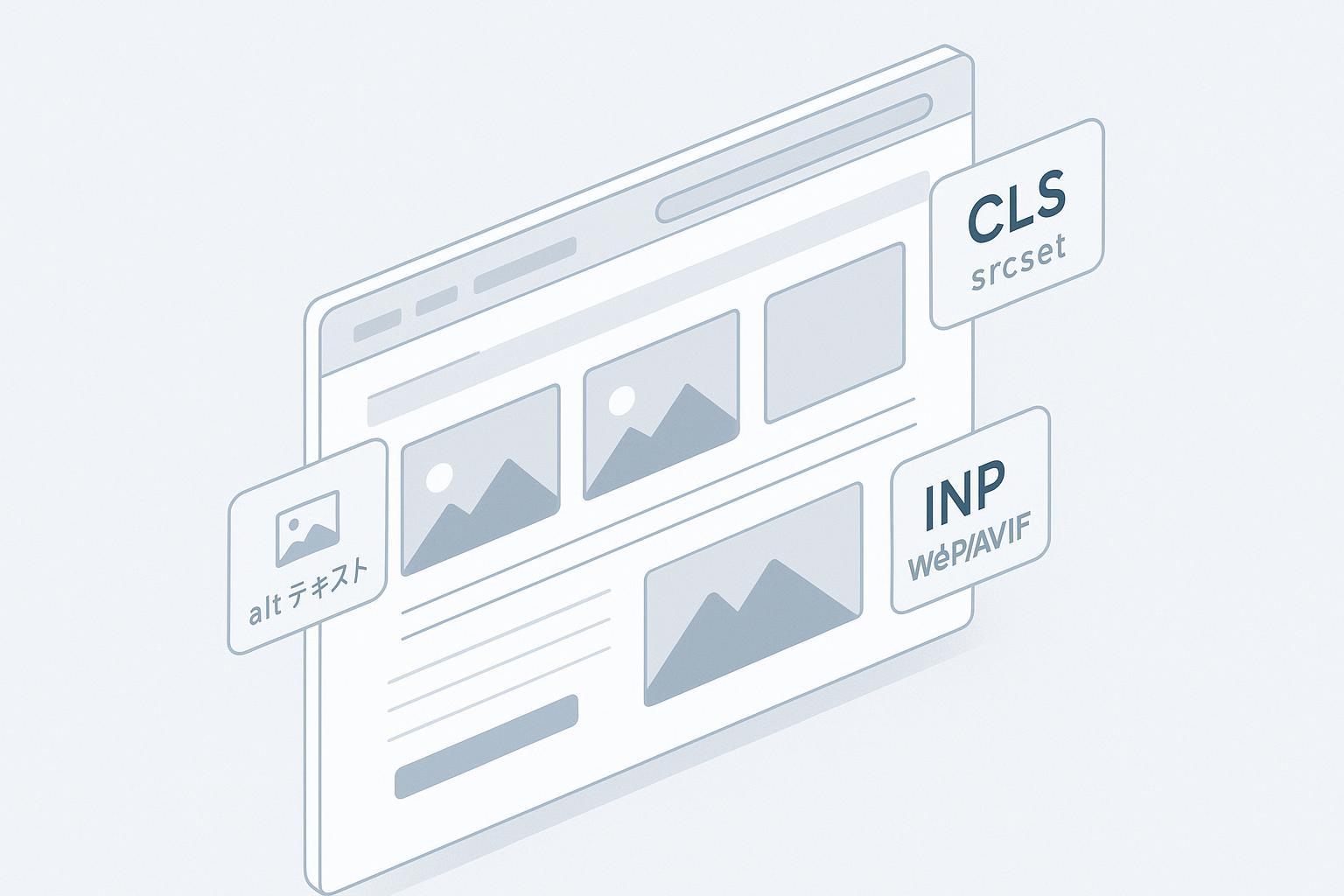 画像数と最適化のバランスでSEOを高めるイメージ（LCP/CLS/INP、alt/srcset/WebPアイコン付き）