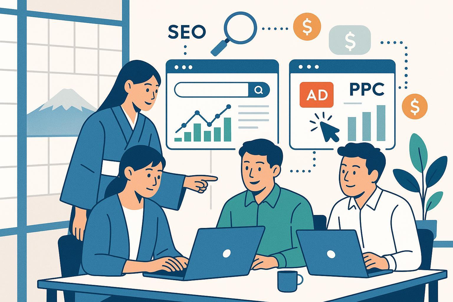 PPCとSEOのシナジーによるマーケターの協働とダッシュボード分析のイラスト