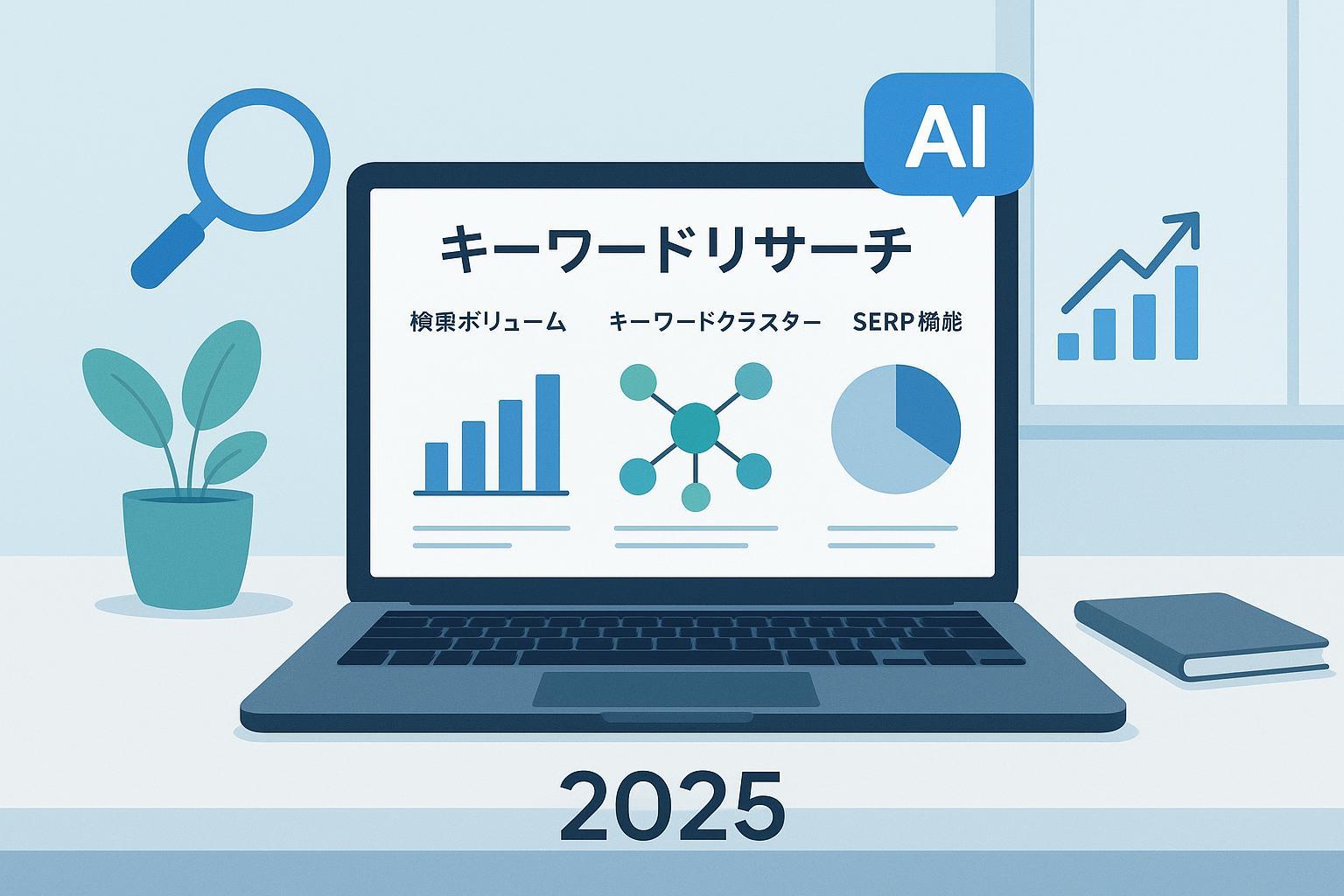 2025年のキーワード調査をイメージしたノートPCと検索・グラフUIのカバー画像