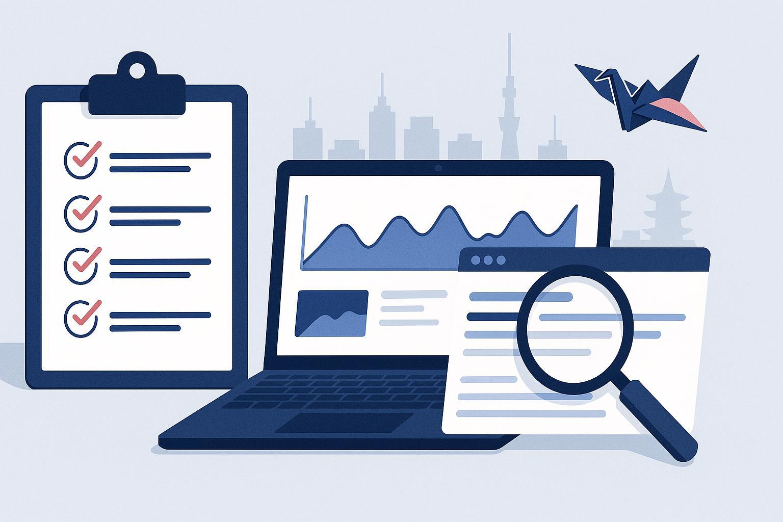 SEO代理店の選び方チェックリスト（2025年版）のカバーイメージ：チェックリストのクリップボード、ラップトップの分析グラフ、SERPにルーペ、東京のシルエット。