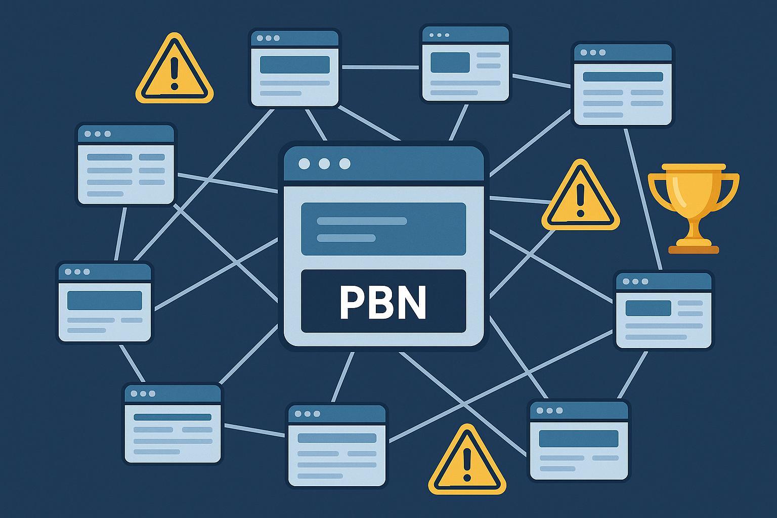 PBNリンクの構造とSEOリスク・リワードを象徴するウェブネットワーク図