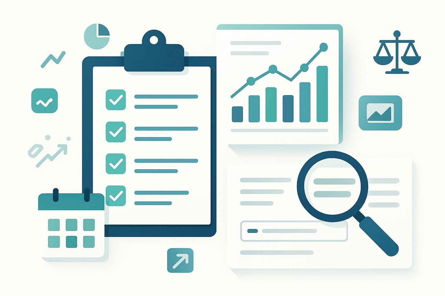 SEO代理店の提案書テンプレート作成チェックリストのカバーイメージ（チェックリスト、KPIグラフ、カレンダー、法務アイコン）