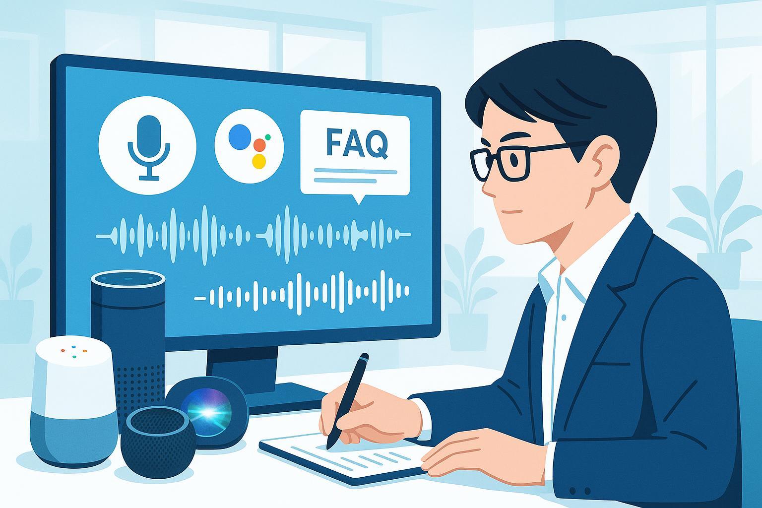 音声検索最適化のベストプラクティスを分析する日本人デジタルマーケターとスマートスピーカーのイラスト