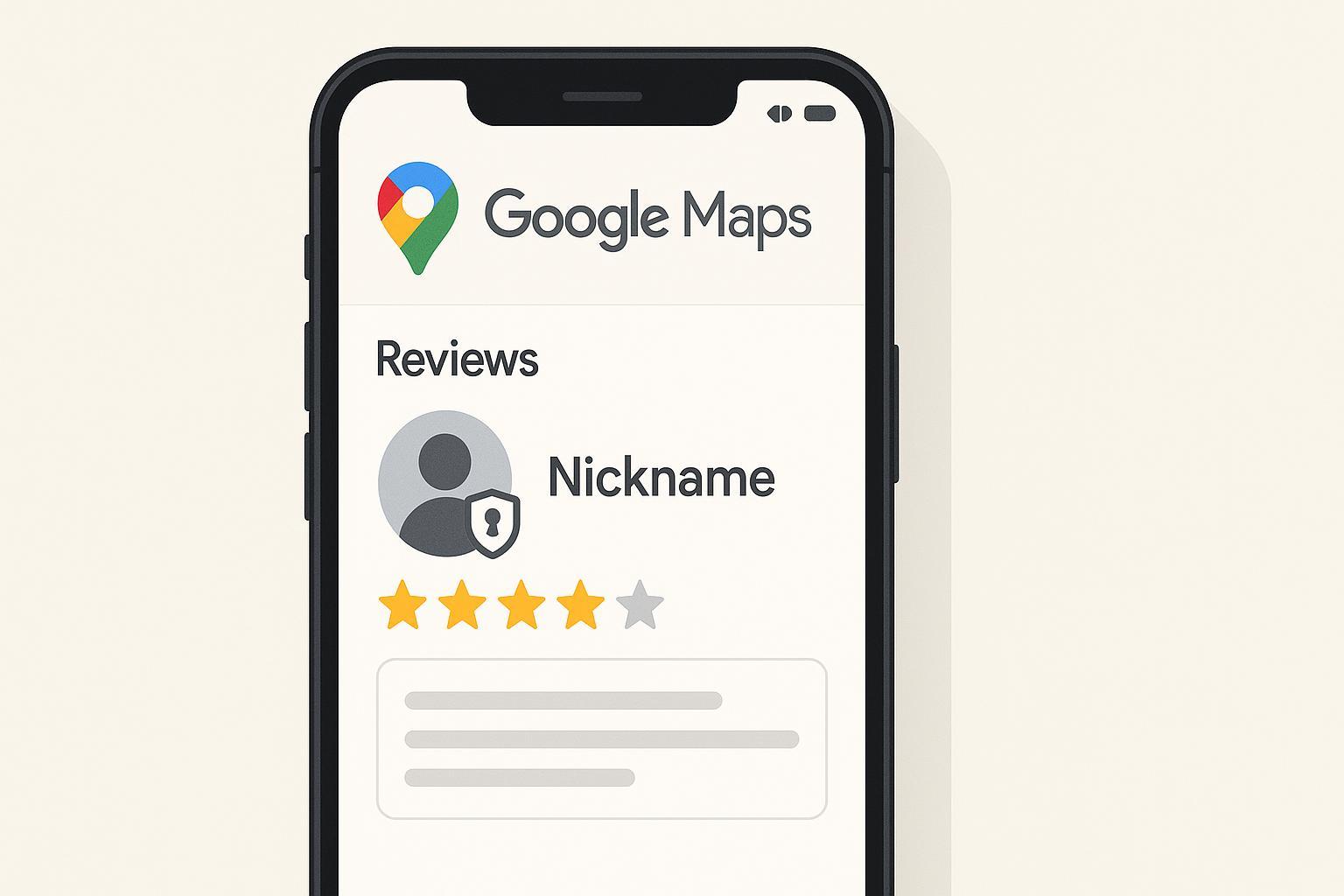 Googleレビューを擬名で安全に投稿する手順を示すカバーイラスト（スマホのクチコミ画面とプライバシー盾アイコン）