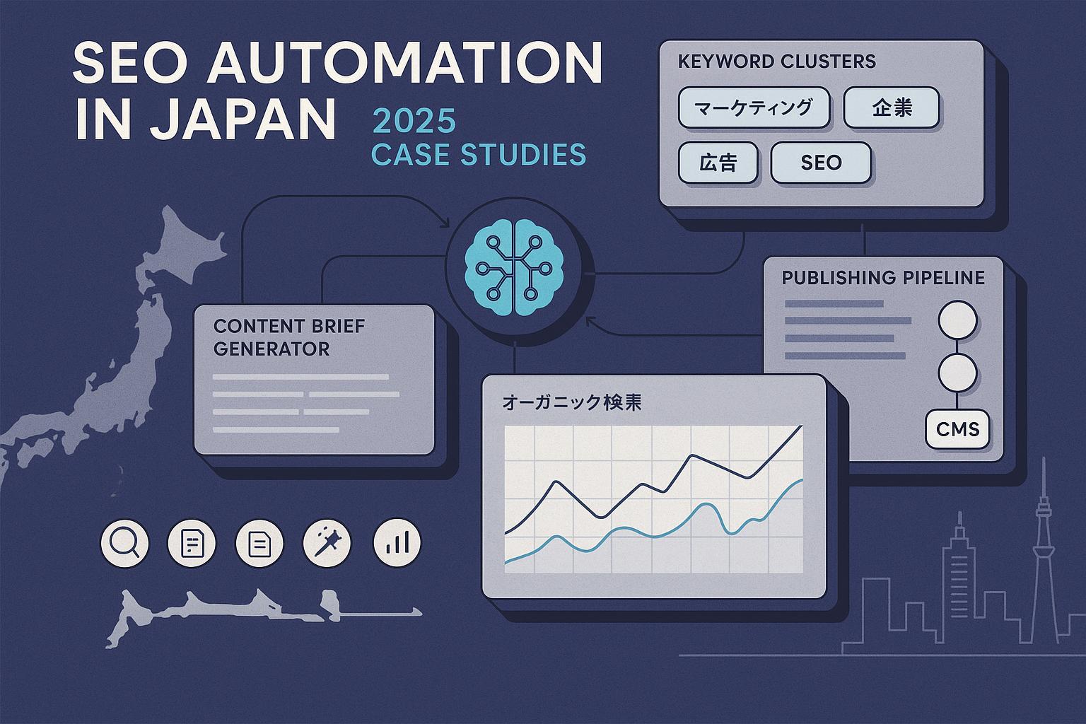 2025年の日本におけるSEO自動化を象徴するダッシュボードとAIワークフローのカバー画像