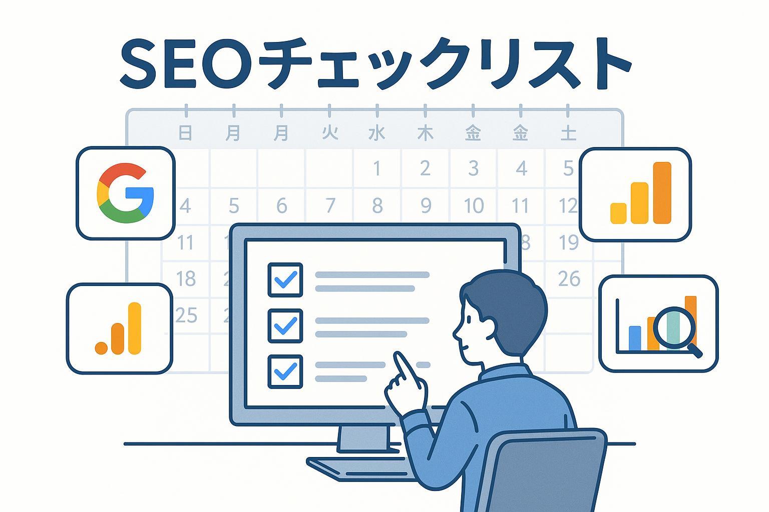 SEO月次必須タスクのチェックリストとカレンダー、Web担当者イラスト