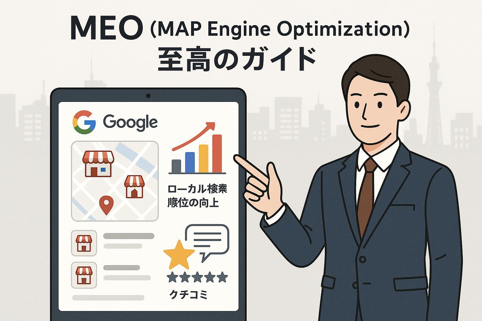 日本のMEO（マップエンジン最適化）ベストプラクティス2024年ガイドのカバー画像。Googleマップ、店舗、上昇するグラフ、日本の街並みが描かれている。