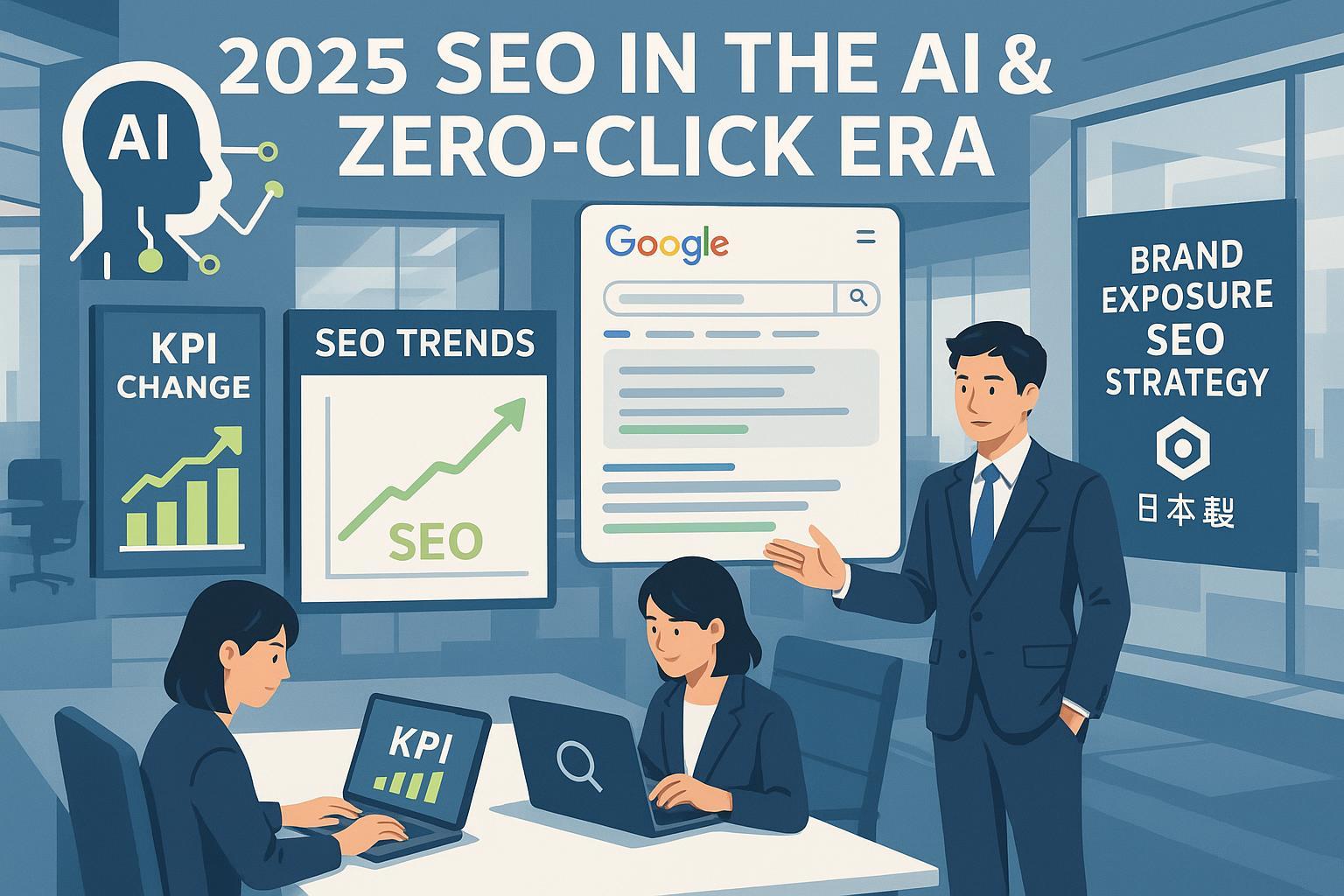 2025年SEOパフォーマンス分析主要トレンド（日本市場）のAI・ゼロクリック・KPI変化とツール活用を象徴する最新トピックビジュアル