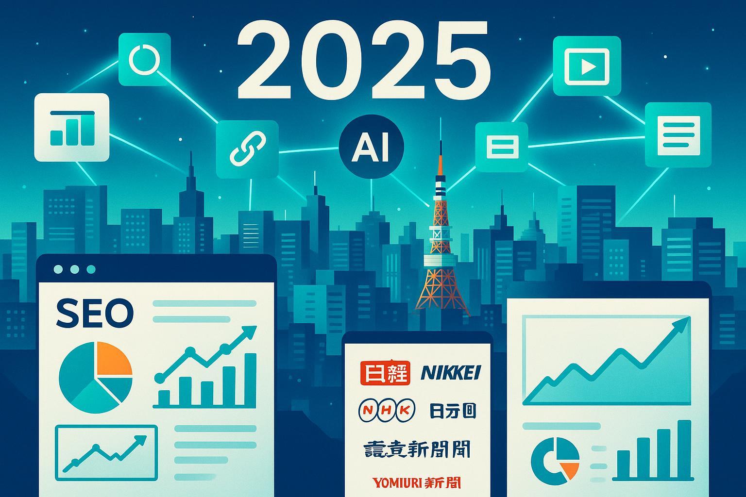2025年革新的SEOリンク獲得テクニックを象徴する日本の未来的デジタル都市とAIネットワークのイメージ